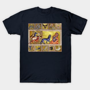 MEDIEVAL BESTIARY,DEERS,GOAT,CAMEL PANTHER,SNAKE DRAGON,FANTASTIC ANIMALS IN GOLD RED BLUE COLORS T-Shirt